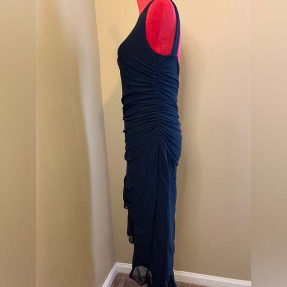 BLACK ASYMMETRICAL RUFFLE HEM RUCHED DRESS - Picture 8 of 13